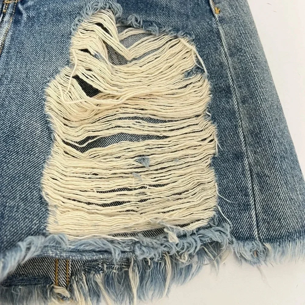 CARMAR Distressed Mini Jean Skirt Size 23 Raw hem 100% Cotton y2k Blue Denim